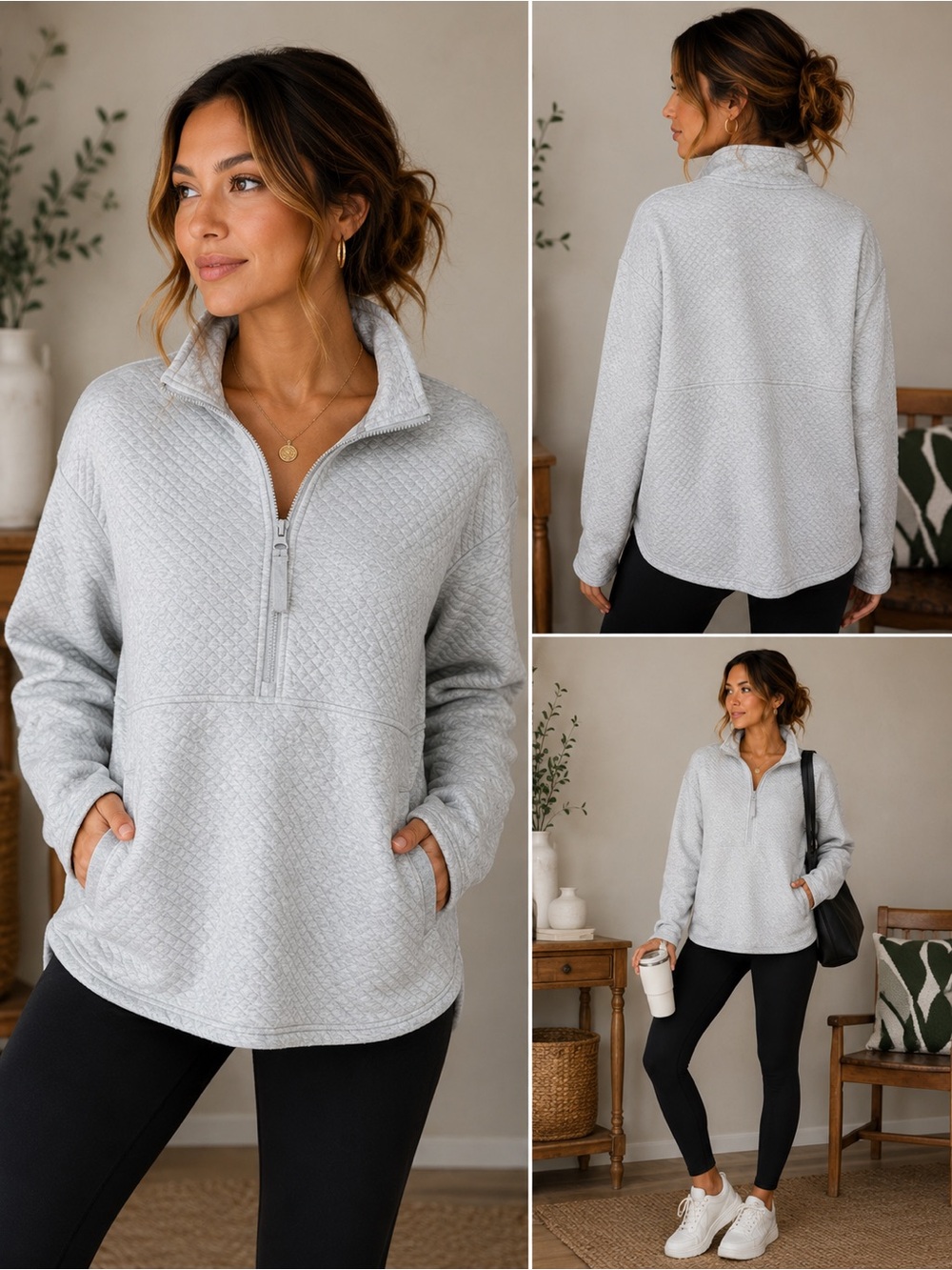 Eddie‎ Bauer Quilted Half-Zip Pullover Gray Lightweight Sweatshirt